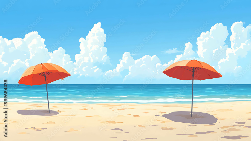 Two red beach umbrellas on a sandy beach with blue sky and white clouds in the background. Two red beach umbrellas on a sandy beach with blue sky and white clouds in the background.