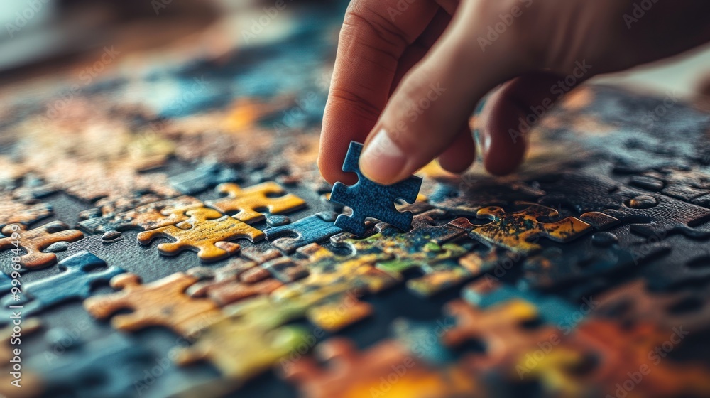A hand placing a puzzle piece into a colorful jigsaw puzzle. A hand placing a puzzle piece into a colorful jigsaw puzzle.