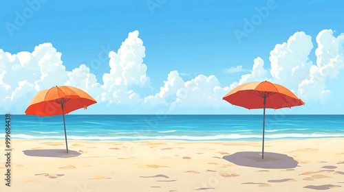 Two red beach umbrellas on a sandy beach with blue sky and white clouds in the background.