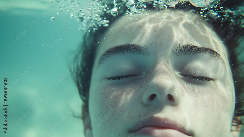 Person underwater with eyes closed, holding breath, surrounded by rising bubbles. Crystal clear water, focused on subject. Person underwater with eyes closed, holding breath, surrounded by rising bubbles. Crystal clear water, focused on subject.