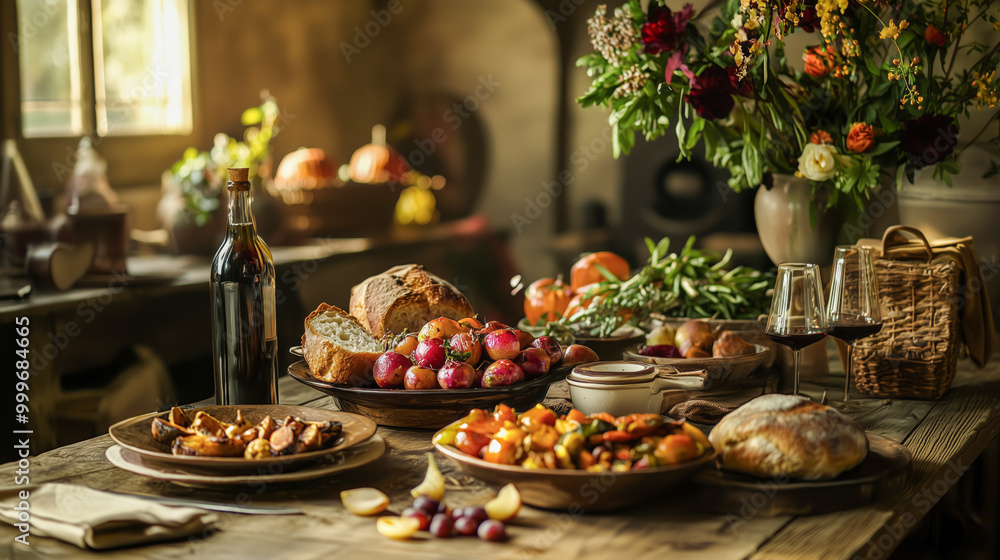 Rustic dining table with fresh bread, vegetables, wine, and flowers in a cozy country setting Rustic dining table with fresh bread, vegetables, wine, and flowers in a cozy country setting