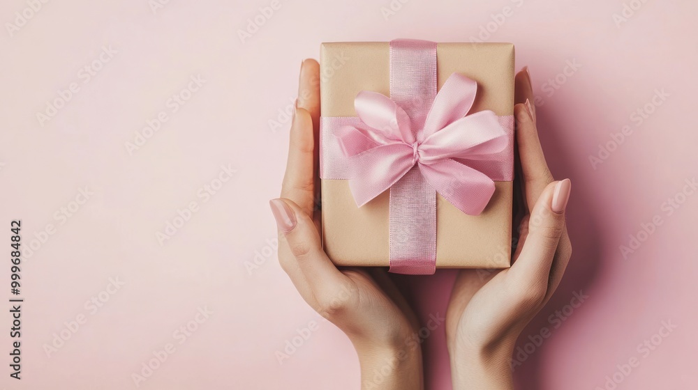 A pair of hands holding a beautifully wrapped gift box with a pink ribbon on a pastel background. A pair of hands holding a beautifully wrapped gift box with a pink ribbon on a pastel background.