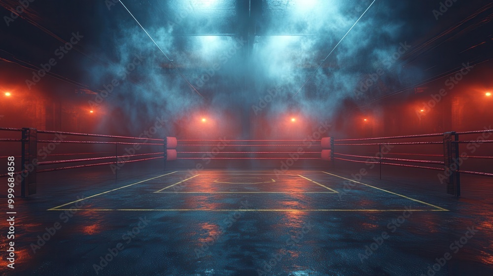 Fototapeta premium dramatic boxing ring spotlighted on fight night empty yet charged with anticipation the dimly lit surroundings create an electrifying atmosphere