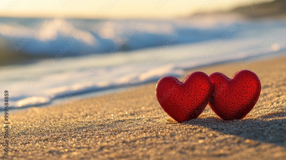 Two red heart-shaped objects on a sandy beach with ocean waves in the background. Two red heart-shaped objects on a sandy beach with ocean waves in the background.