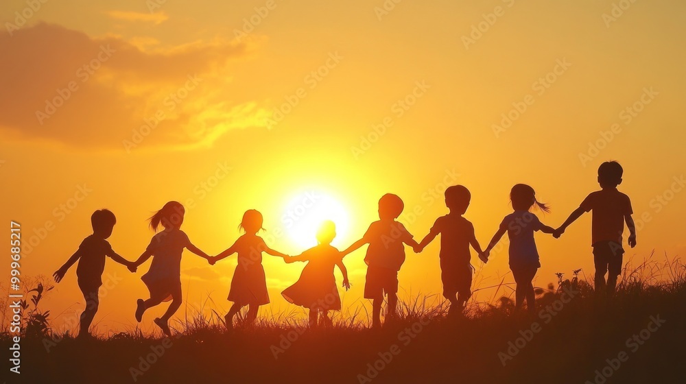 Silhouettes of Children Holding Hands at Sunset Silhouettes of Children Holding Hands at Sunset