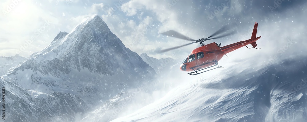 A red helicopter flies near snow-covered mountains, capturing the essence of adventure and wilderness in a stunning, icy landscape. A red helicopter flies near snow-covered mountains, capturing the essence of adventure and wilderness in a stunning, icy landscape.