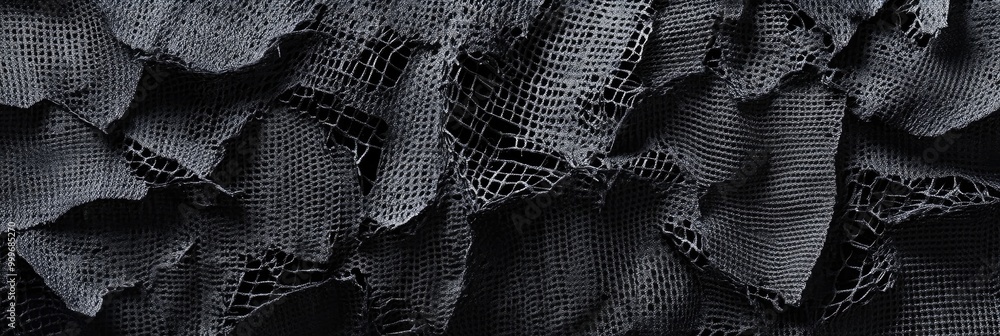 Obraz premium Torn mesh fabric texture, with frayed edges and visible holes in a dramatic close - up