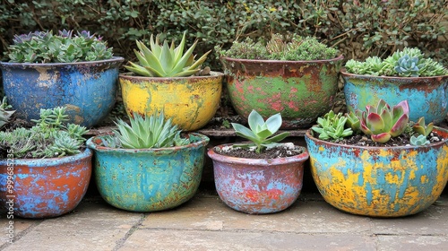 Wallpaper Mural Colorful Succulent Garden in Weathered Pots. Vibrant Outdoor Plant Arrangement Torontodigital.ca