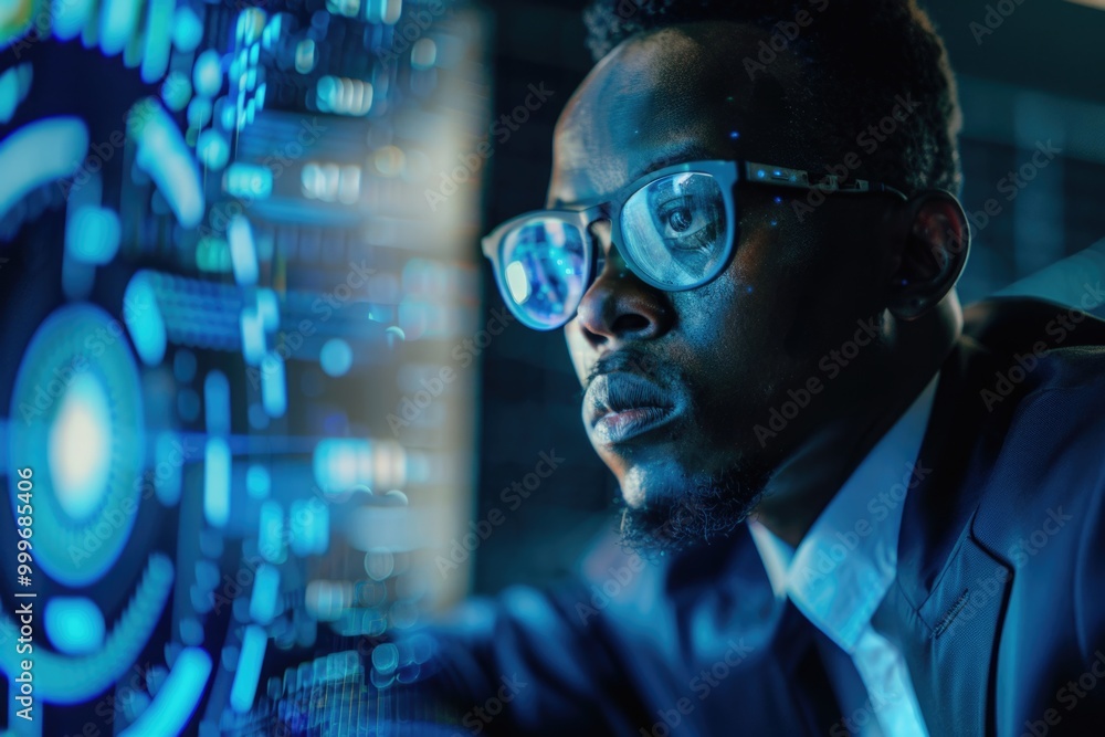 Man in a suit and glasses looking at a computer screen, focused on his work Man in a suit and glasses looking at a computer screen, focused on his work