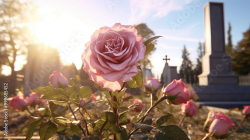 pink rose with light sunset background