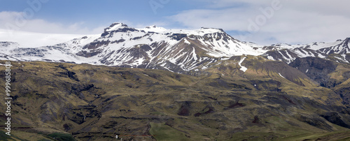 telephoto of  Eyjafjallajökull snowcapped volcano from Ring road, South Icleand