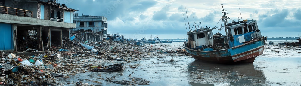 Abandoned boat on a polluted shoreline, surrounded by debris and damaged buildings, under a cloudy sky. A scene of coastal devastation. Abandoned boat on a polluted shoreline, surrounded by debris and damaged buildings, under a cloudy sky. A scene of coastal devastation.