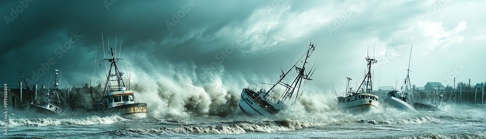 Naklejka premium Dramatic scene of fishing boats battling huge waves during a stormy sea with dark clouds overhead.