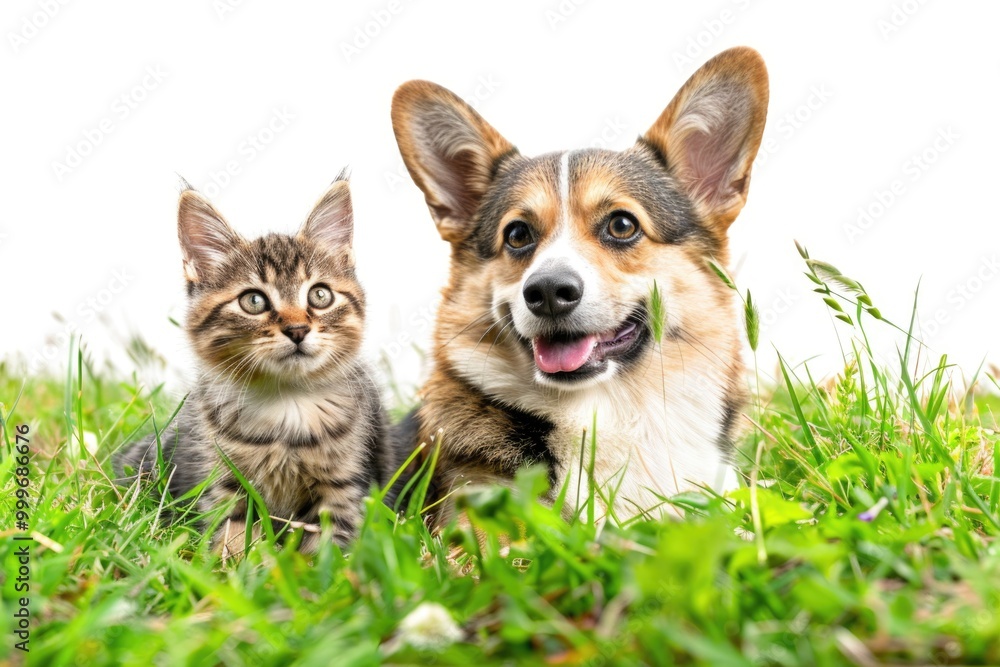A domestic dog and cat sitting side by side on a lawn, showing friendship and companionship A domestic dog and cat sitting side by side on a lawn, showing friendship and companionship