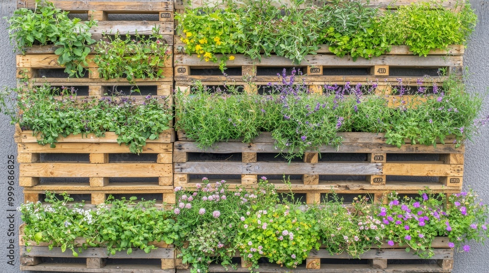 Vertical Wooden Pallet Garden with Blooming Flowers and Lush Greenery Vertical Wooden Pallet Garden with Blooming Flowers and Lush Greenery