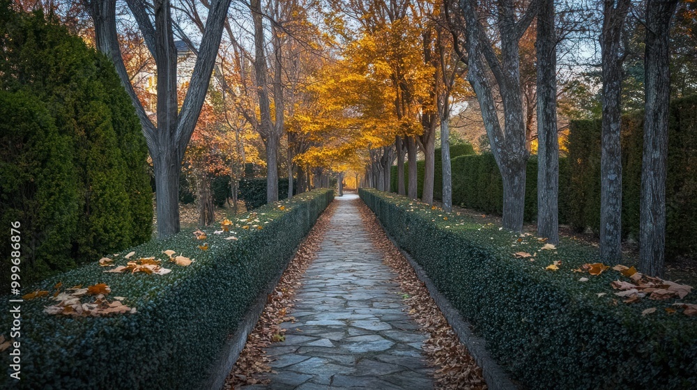 A serene pathway lined with trees and hedges, showcasing autumn foliage. A serene pathway lined with trees and hedges, showcasing autumn foliage.