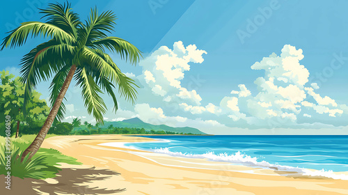 Tropical beach scene with palm trees, blue sky and white clouds.