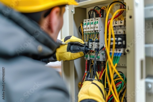 A person wearing a hard hat and safety gear is busy repairing an electrical panel