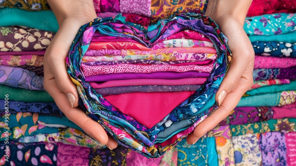 Colorful Fabric Pieces Folded into Heart Shape Held by Hands on a Patterned Quilt Background Colorful Fabric Pieces Folded into Heart Shape Held by Hands on a Patterned Quilt Background