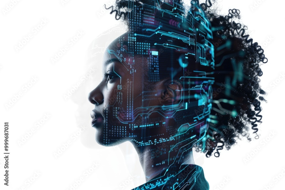 A woman's face with a circuit board visible behind her, great for tech-related concepts and innovation themes A woman's face with a circuit board visible behind her, great for tech-related concepts and innovation themes