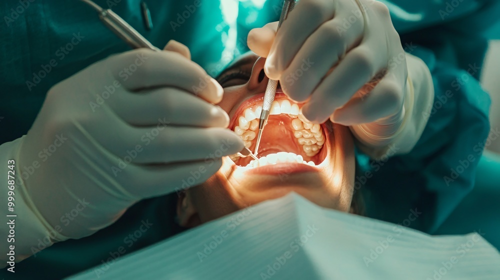 Close up of dentist examining a patient's teeth with a dental tool. Close up of dentist examining a patient's teeth with a dental tool.