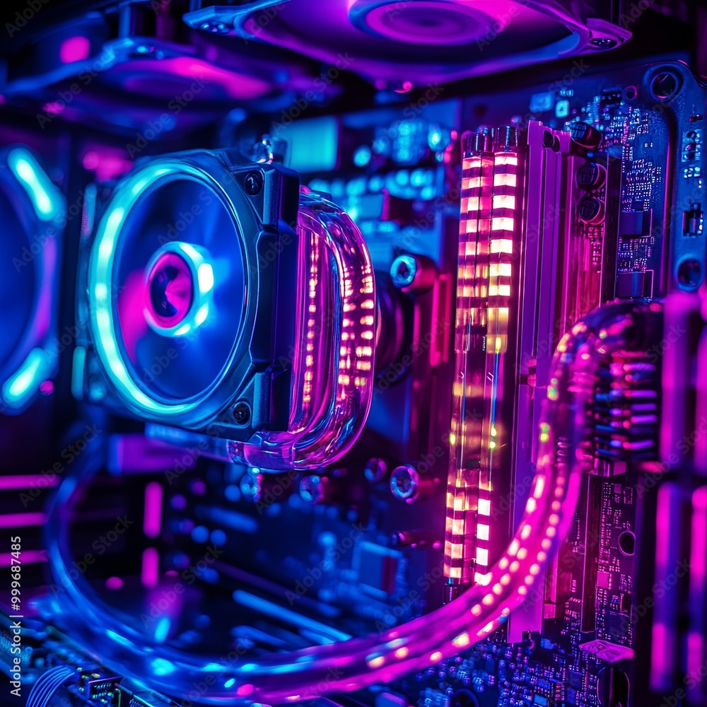 Close-up Desktop PC Gaming and water cooling cpu with LED RGB light show status on working mode, interior pc case technology background Close-up Desktop PC Gaming and water cooling cpu with LED RGB light show status on working mode, interior pc case technology background