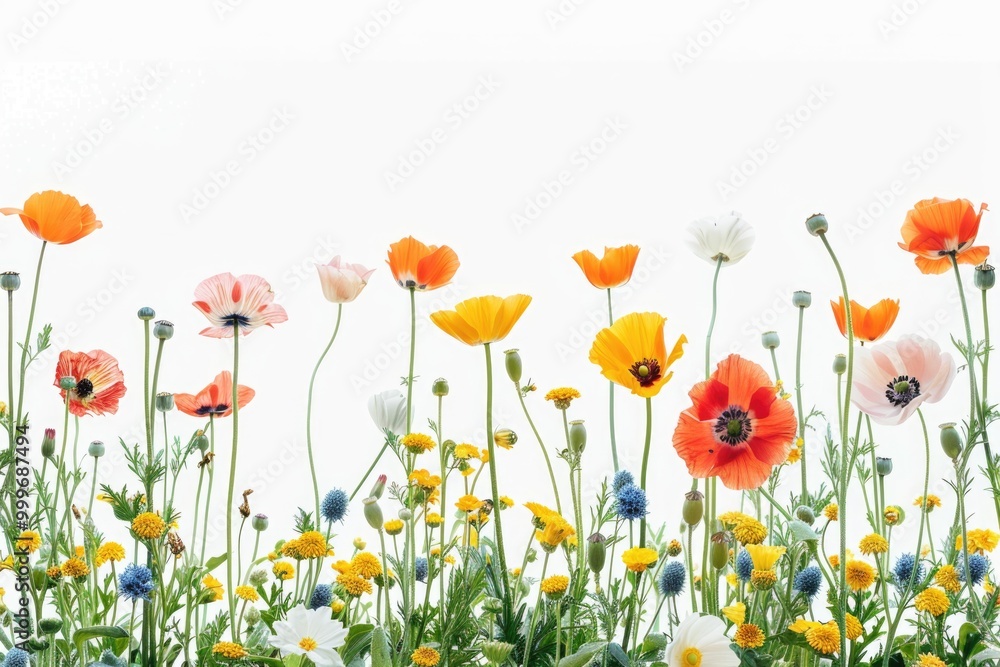 A field of vibrant flowers set against a clean white backdrop, ideal for use in designs and layouts where a pop of color is needed A field of vibrant flowers set against a clean white backdrop, ideal for use in designs and layouts where a pop of color is needed