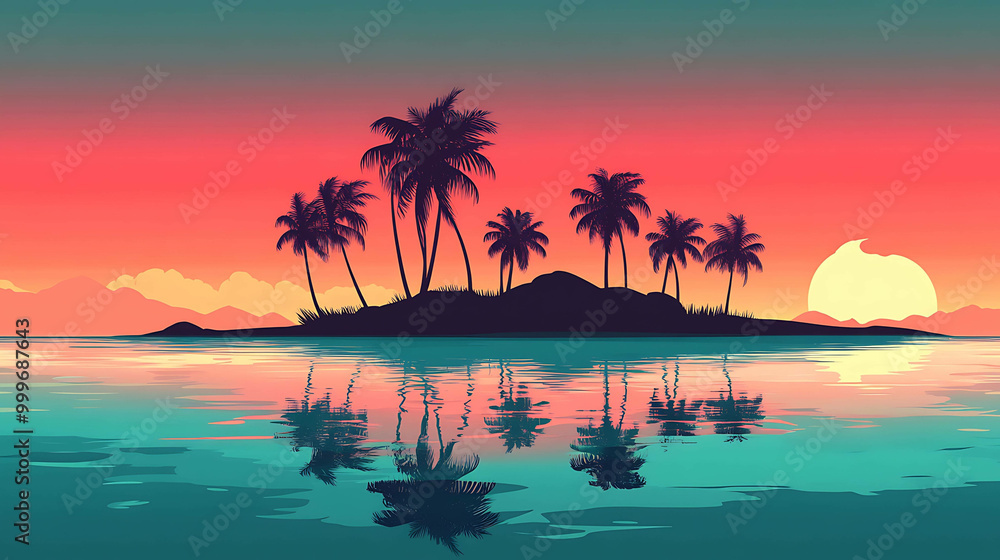 Fototapeta premium Silhouetted palm trees on a tropical island at sunset.