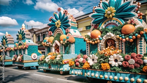 Kadayawan Festival, rows of floats decorated with flowers and fruits, colorful Davao city buildings in the background, photo