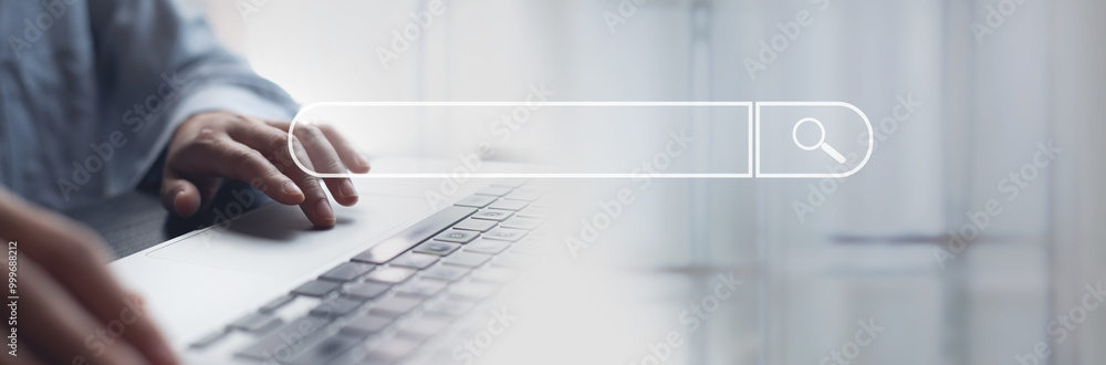 SEO, Search Engine Optimization. Woman typing on laptop computer to search the information, internet browsing. Web page banner, data search technology, digital marketing SEO, Search Engine Optimization. Woman typing on laptop computer to search the information, internet browsing. Web page banner, data search technology, digital marketing
