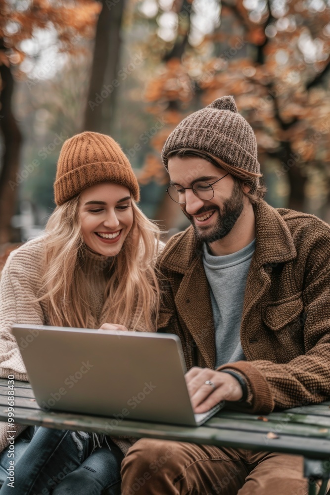 A couple sitting together on a bench, both focused on a laptop, possibly working or browsing A couple sitting together on a bench, both focused on a laptop, possibly working or browsing
