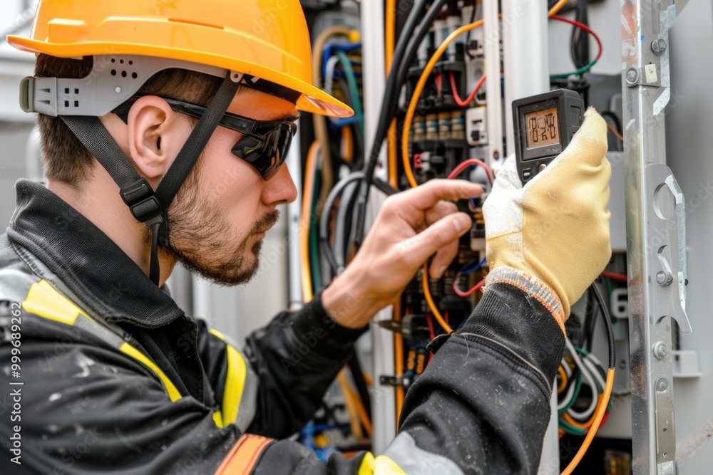A worker in a hard hat inspects and repairs an electrical panel A worker in a hard hat inspects and repairs an electrical panel