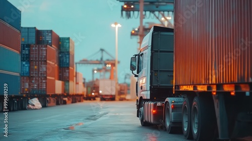 A truck parked among shipping containers in a port, highlighting logistics and transport.