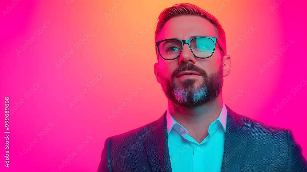 Stylish man in glasses against vibrant neon background Stylish man in glasses against vibrant neon background