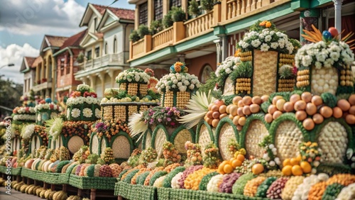 Kadayawan Festival Parade with Floral and Fruit Adorned Floats, Vibrant Davao City Skyline as Backdrop, Lively Celebration Atmosphere.
