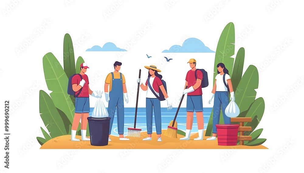 group of volunteers helping to clean up a local beach, promoting environmental awareness in flat design isolated on white background group of volunteers helping to clean up a local beach, promoting environmental awareness in flat design isolated on white background