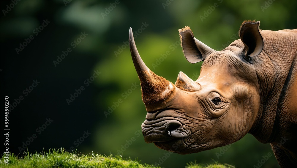 Obraz premium A majestic rhinoceros stands gracefully, showcasing its powerful horn and textured skin in the lush greenery, embodying the beauty and strength of wildlife in harmony.