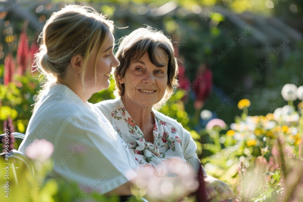 A serene scene featuring two women sitting together in a lush green garden A serene scene featuring two women sitting together in a lush green garden