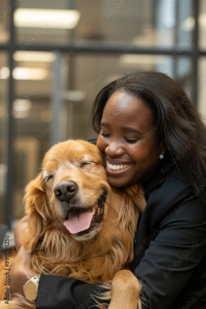 A woman comforts a dog by the window, a moment of affection and connection A woman comforts a dog by the window, a moment of affection and connection