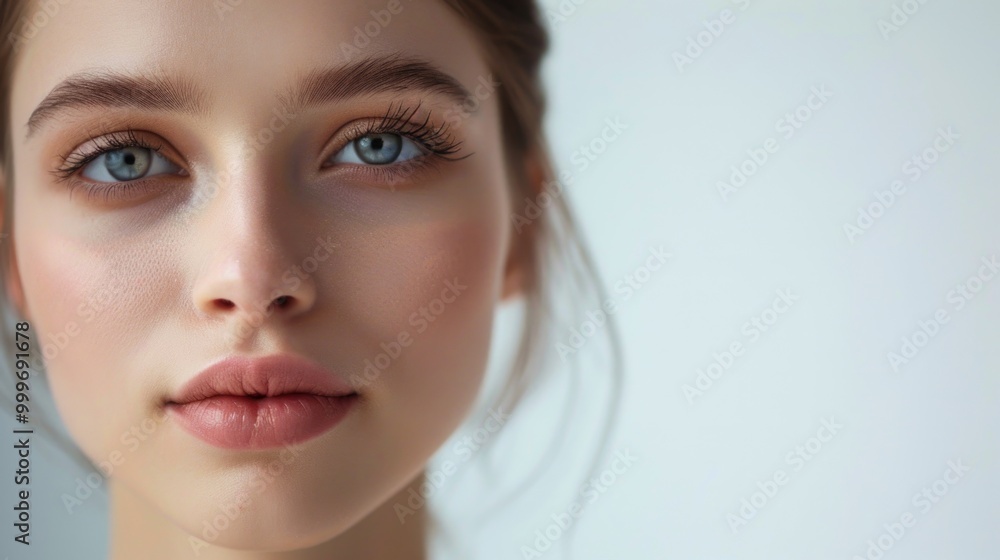 Close-up portrait of a woman with striking blue eyes