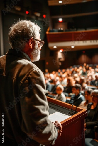 A person speaking at a podium in front of an audience