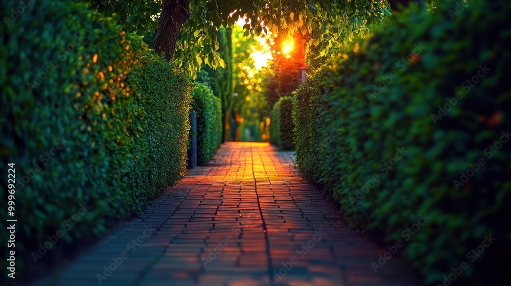 A serene pathway lined with hedges, illuminated by a warm sunset glow. A serene pathway lined with hedges, illuminated by a warm sunset glow.