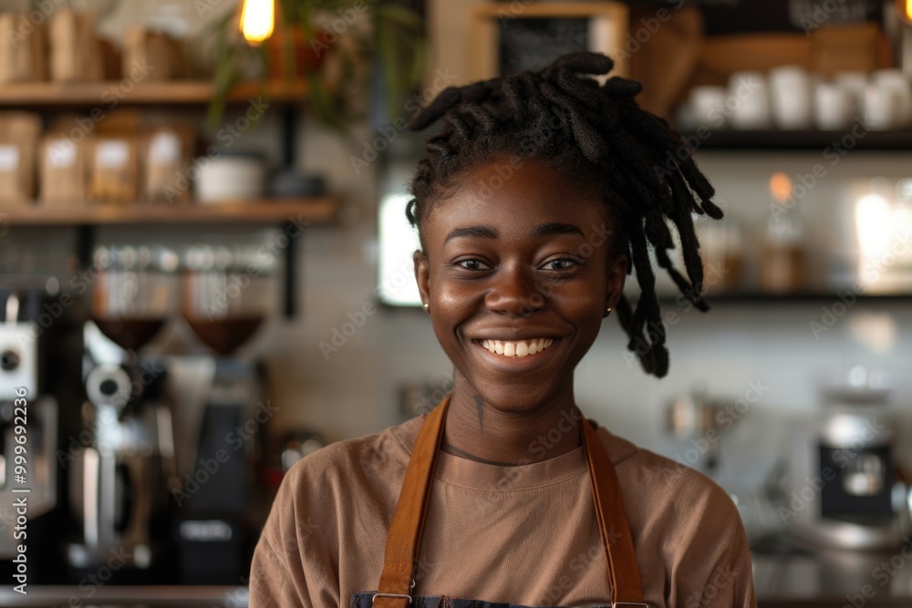 Fototapeta premium A woman with dreadlocks sitting in a cozy coffee shop, possibly working or socializing