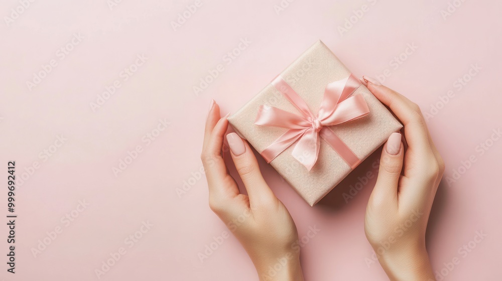A person holding a beautifully wrapped gift box with a pink bow on a soft pink background. A person holding a beautifully wrapped gift box with a pink bow on a soft pink background.