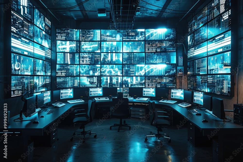 A modern control room with multiple monitors and desks for monitoring and controlling various systems A modern control room with multiple monitors and desks for monitoring and controlling various systems