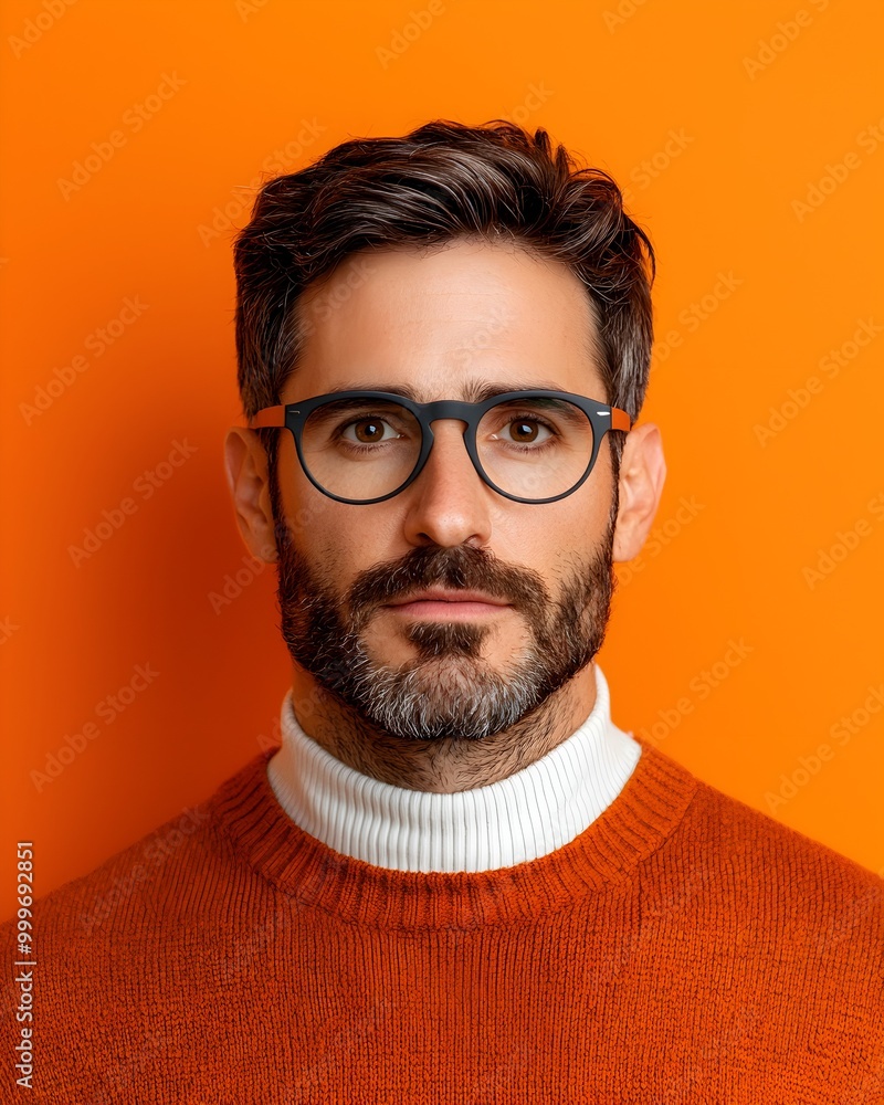 Stylish man in glasses against a vibrant orange backdrop Stylish man in glasses against a vibrant orange backdrop