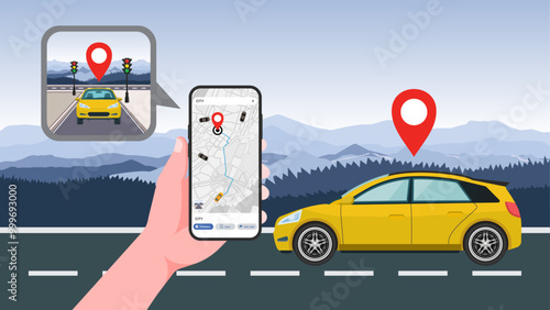 Taxi Service and Online Car Rental: Request a Ride with GPS Technology, Route and Location Marked on a City Map. Vector