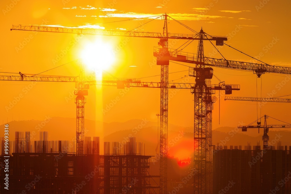 A sunset at a busy construction site with buildings and equipment in the background A sunset at a busy construction site with buildings and equipment in the background