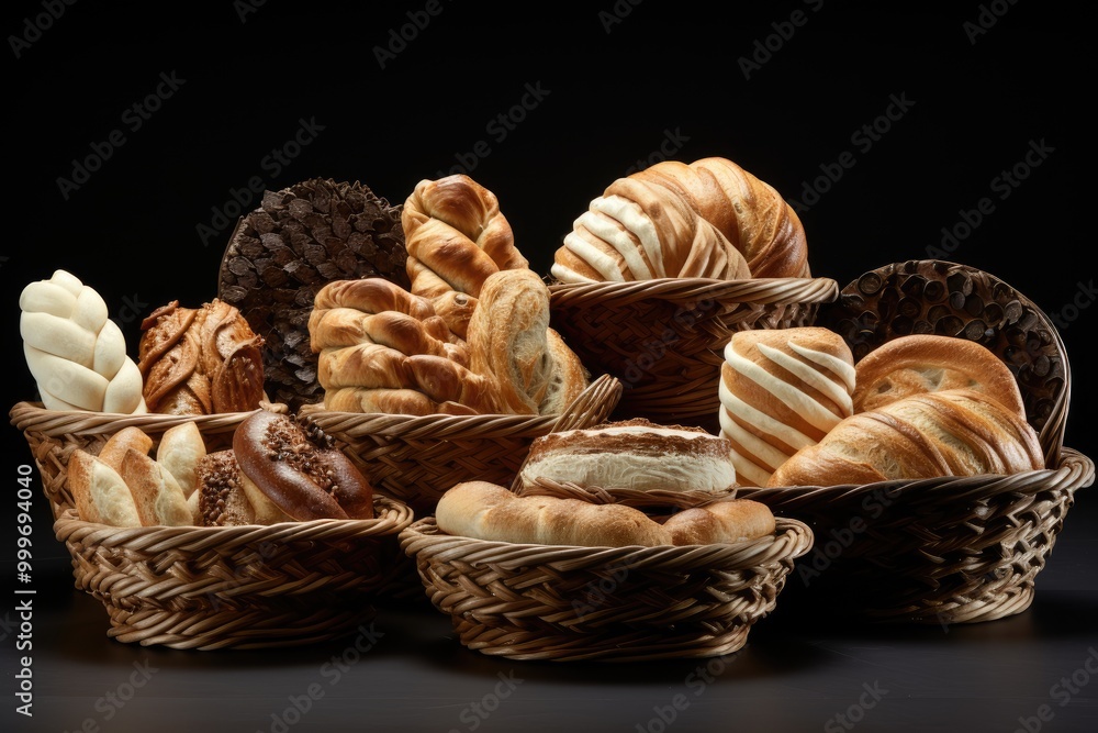 Bread Baskets: Highlight the textures of woven bread baskets, filled with an assortment of rolls and loaves. Bread Baskets: Highlight the textures of woven bread baskets, filled with an assortment of rolls and loaves.