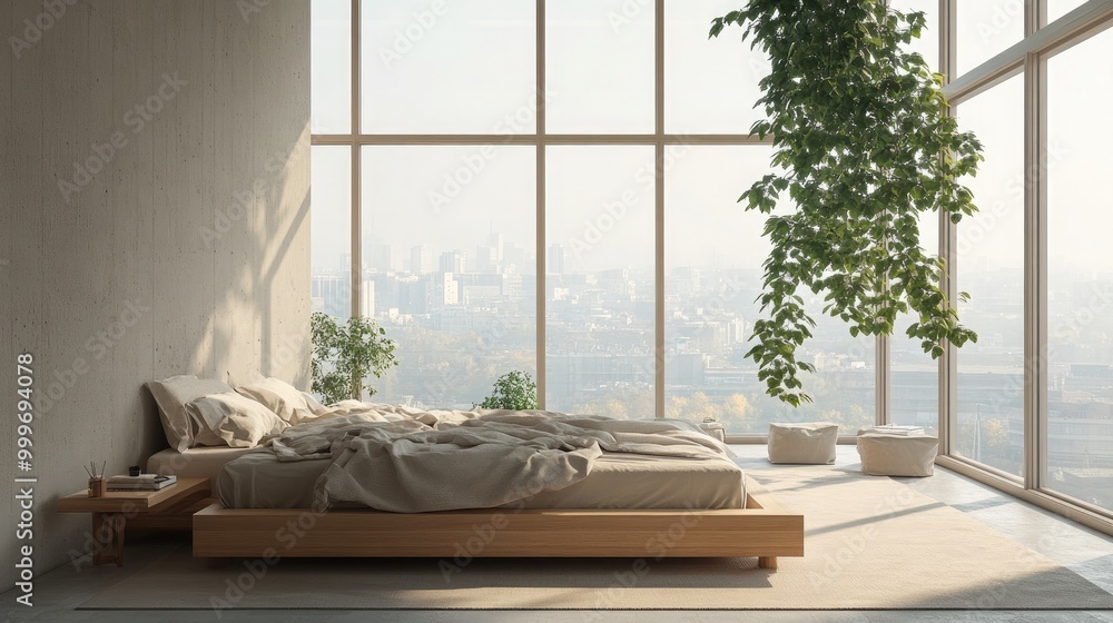 A harmonious bedroom with floor-to-ceiling windows A harmonious bedroom with floor-to-ceiling windows